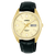 Lorus Herrenuhr: goldfarbenes Gehäuse, schwarzes Lederband, beiges Zifferblatt mit Datumsanzeige.