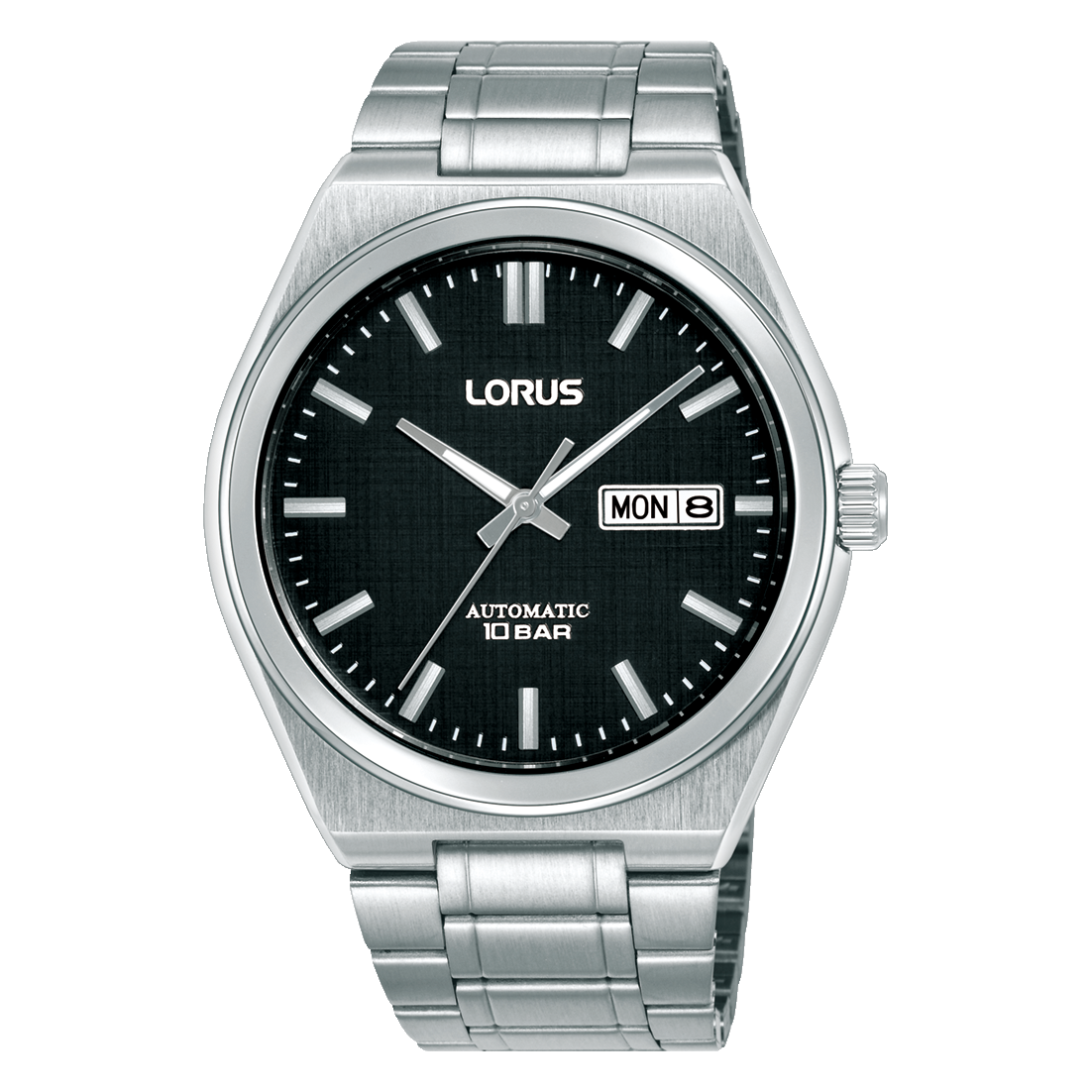 Automatik-Herrenarmbanduhr mit Edelstahlband, dunklem Zifferblatt und Datumsfenster (MON)