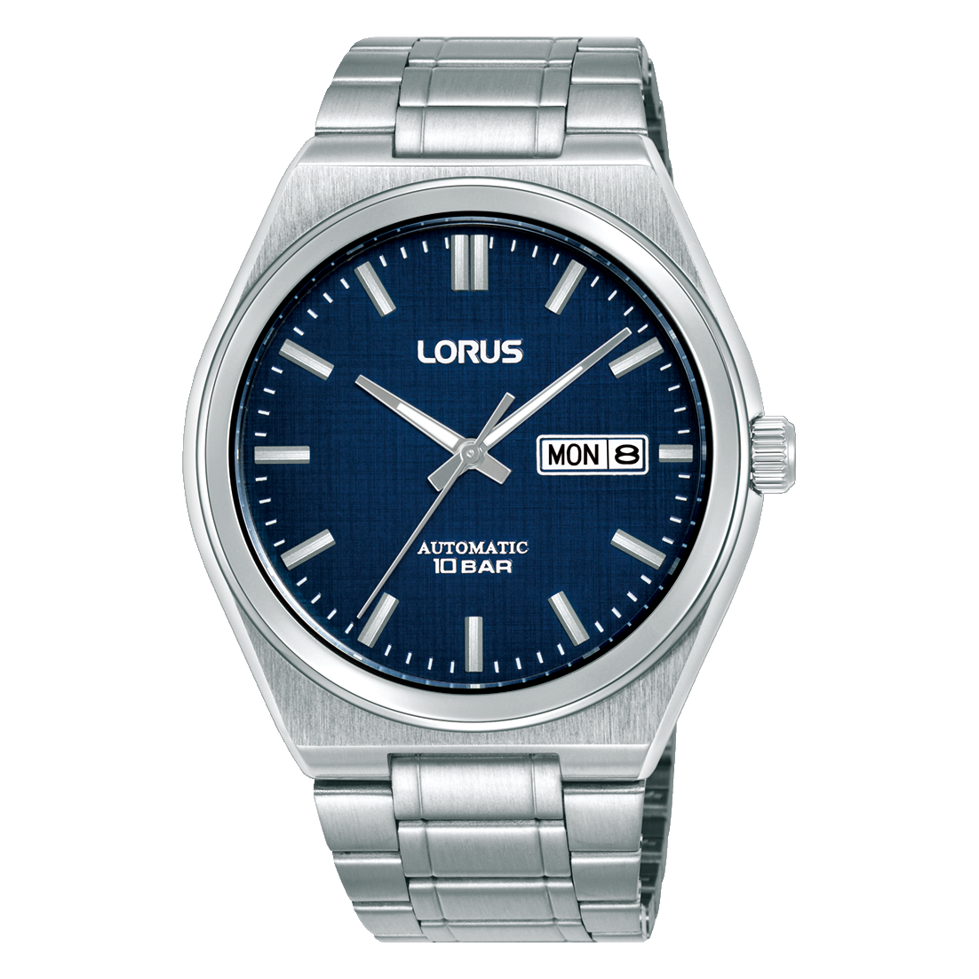 Herrenarmbanduhr mit dunkelblauem Zifferblatt, Automatik, Datums- und Wochentaganzeige, Stahlband