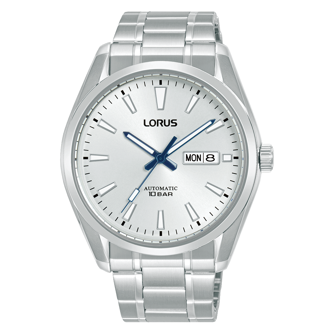 Silberne Herren-Armbanduhr mit rundem weißem Zifferblatt, blauen Zeigern und Datumsanzeige
