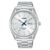Silberne Herren-Armbanduhr mit rundem weißem Zifferblatt, blauen Zeigern und Datumsanzeige