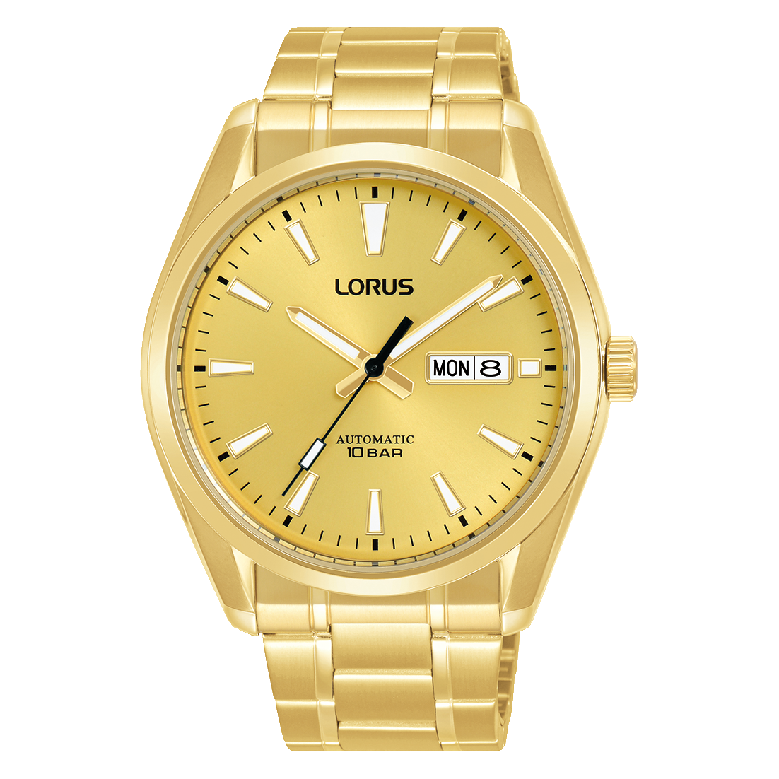 Lorus Herrenuhr mit goldfarbenem Metallarmband, gelbem Zifferblatt, Automatik und Datumsanzeige