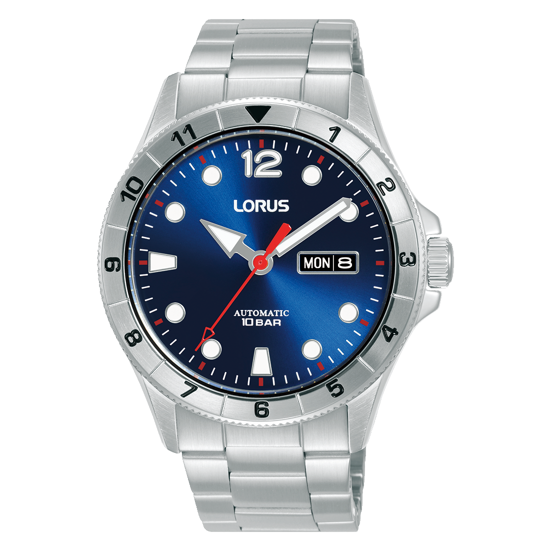 Lorus Herren-Armbanduhr mit silbernem Metallarmband, dunkelblauem Zifferblatt und Automatik-Datum