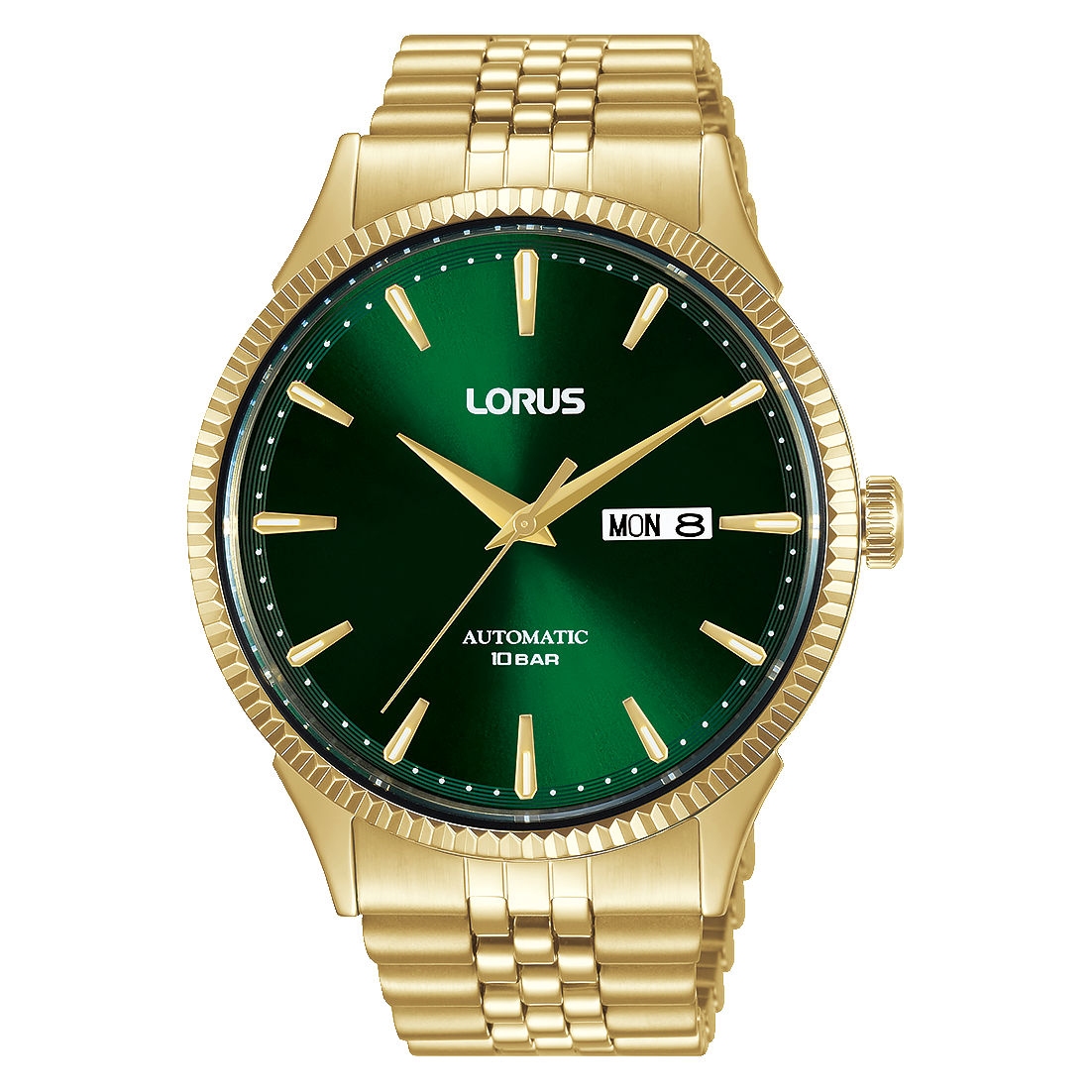 Lorus Herrenuhr mit dunkelgrünem Zifferblatt, goldfarbener Edelstahlarmband und Datumsanzeige