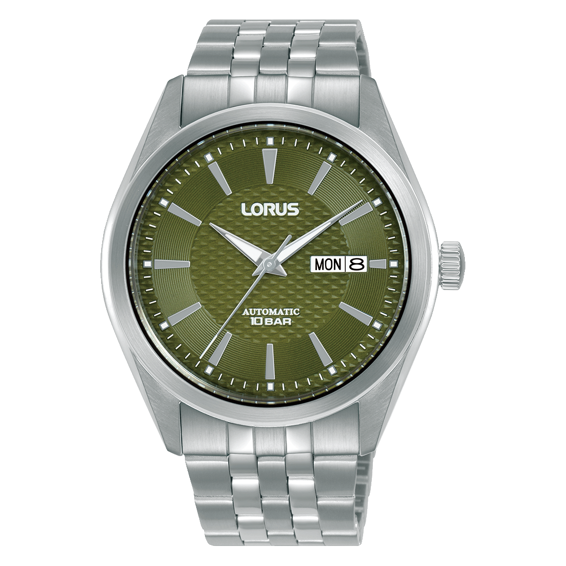 Lorus Herrenuhr mit dunkelgrünem Zifferblatt, Edelstahlarmband und Datumsanzeige „MON 8“