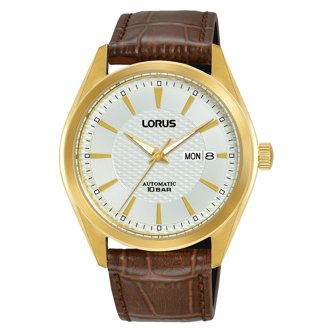 Herrenuhr mit braunem Lederband, goldfarbenem Gehäuse, weißem Zifferblatt und Datumsanzeige