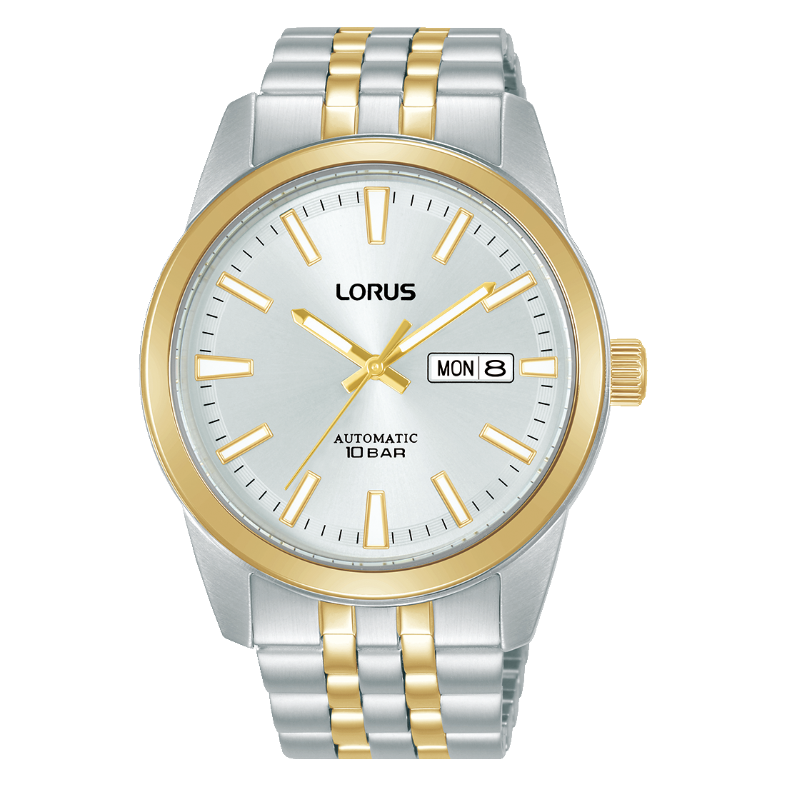 Zweifarbige Herrenuhr mit silbernem Edelstahlband, goldenen Akzenten, weißem Zifferblatt, Datum.