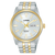 Zweifarbige Herrenuhr mit silbernem Edelstahlband, goldenen Akzenten, weißem Zifferblatt, Datum.