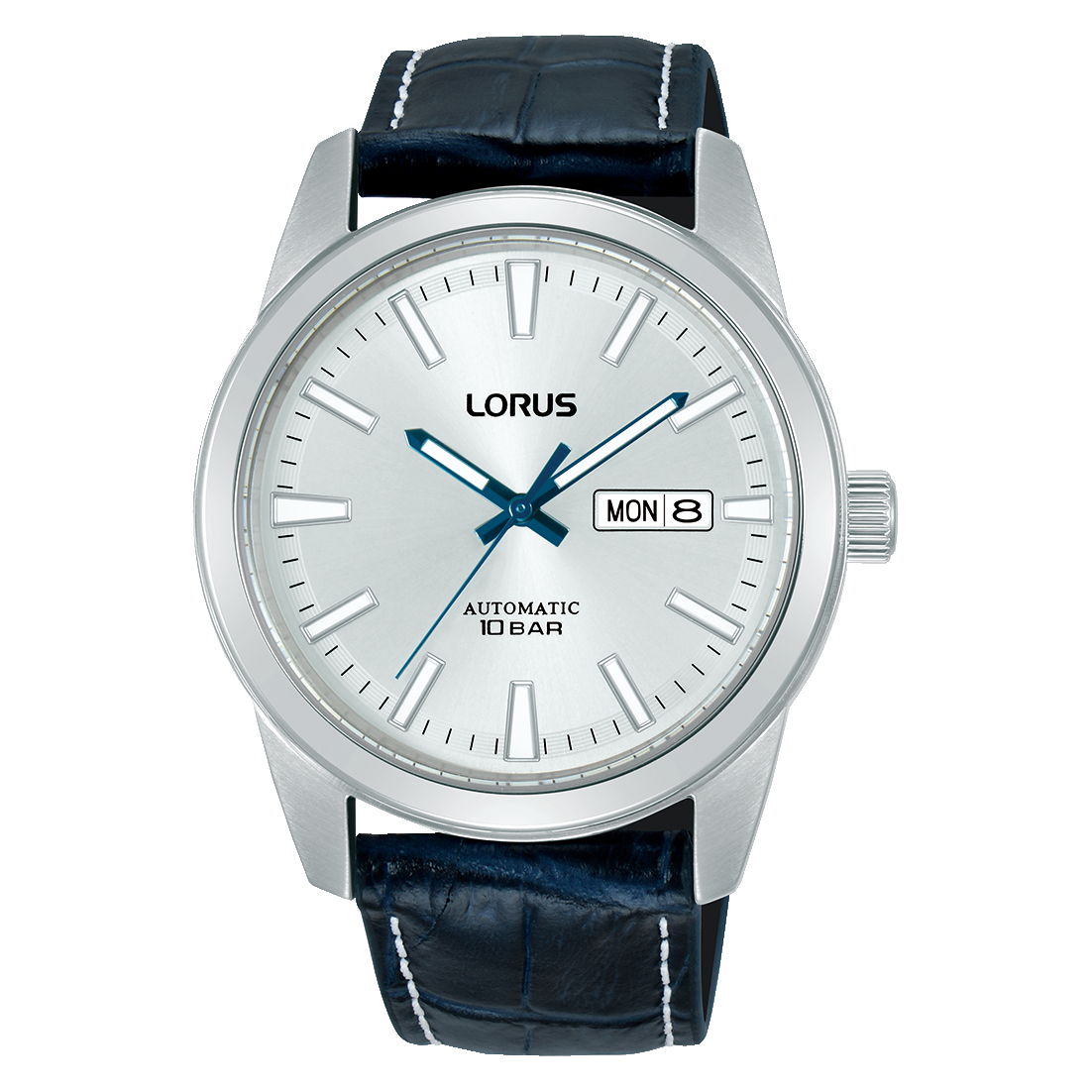 Herrenuhr LORUS mit silbernem Gehäuse, blauem Lederband, weißem Zifferblatt, Datum