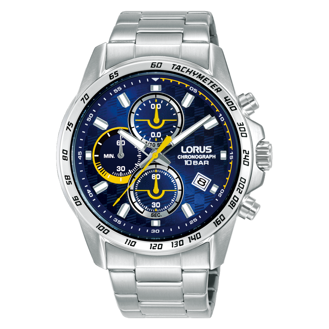 Stahl-Armbanduhr für Herren mit Chronograph, blau-gelbem Zifferblatt und Metallband