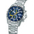 Stahl-Armbanduhr mit Chronograph, blaues Zifferblatt mit gelben Akzenten und Metallband
