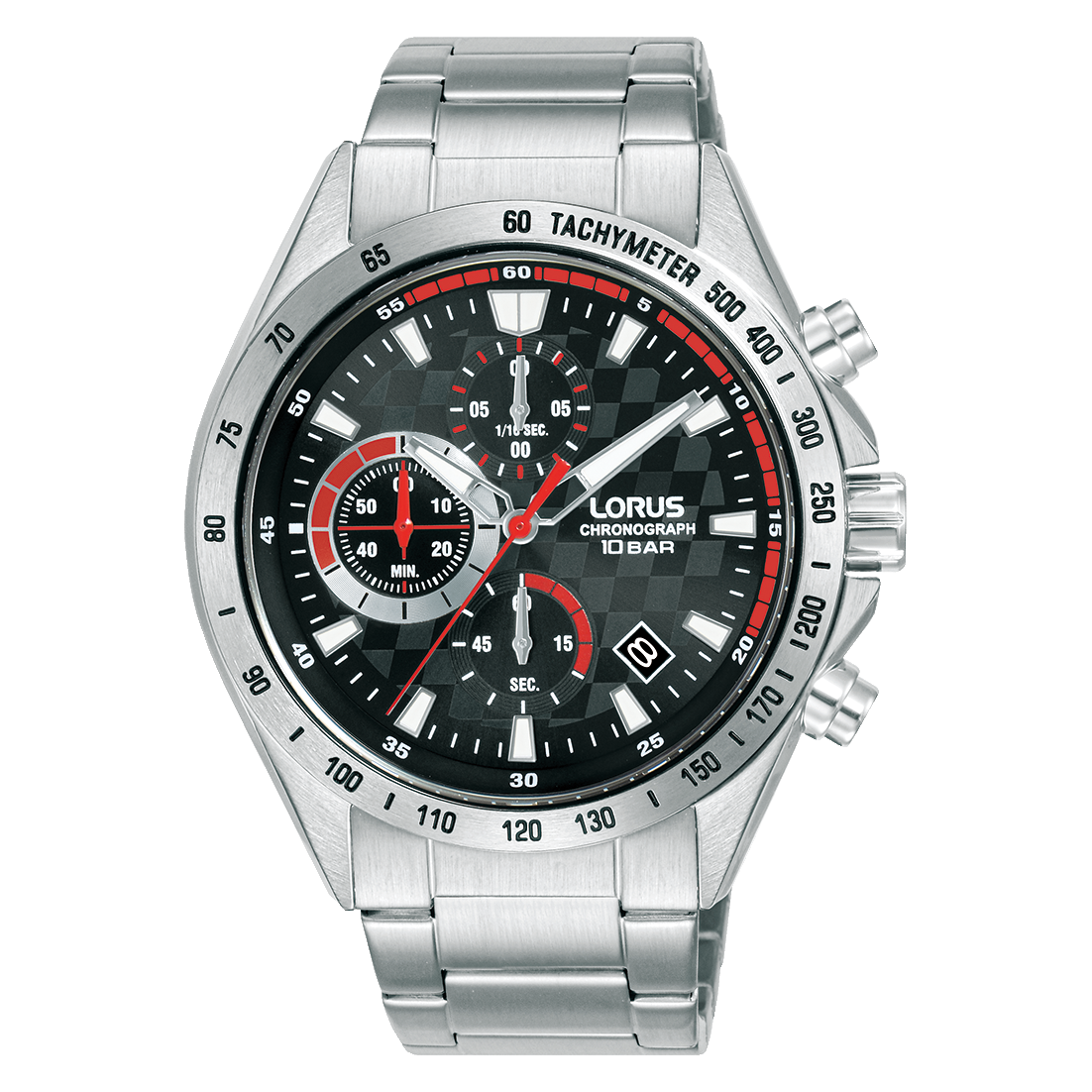 Herrenarmbanduhr mit Chronograph, schwarzem Zifferblatt, silbernem Metallband und Tachymeter-Lünette