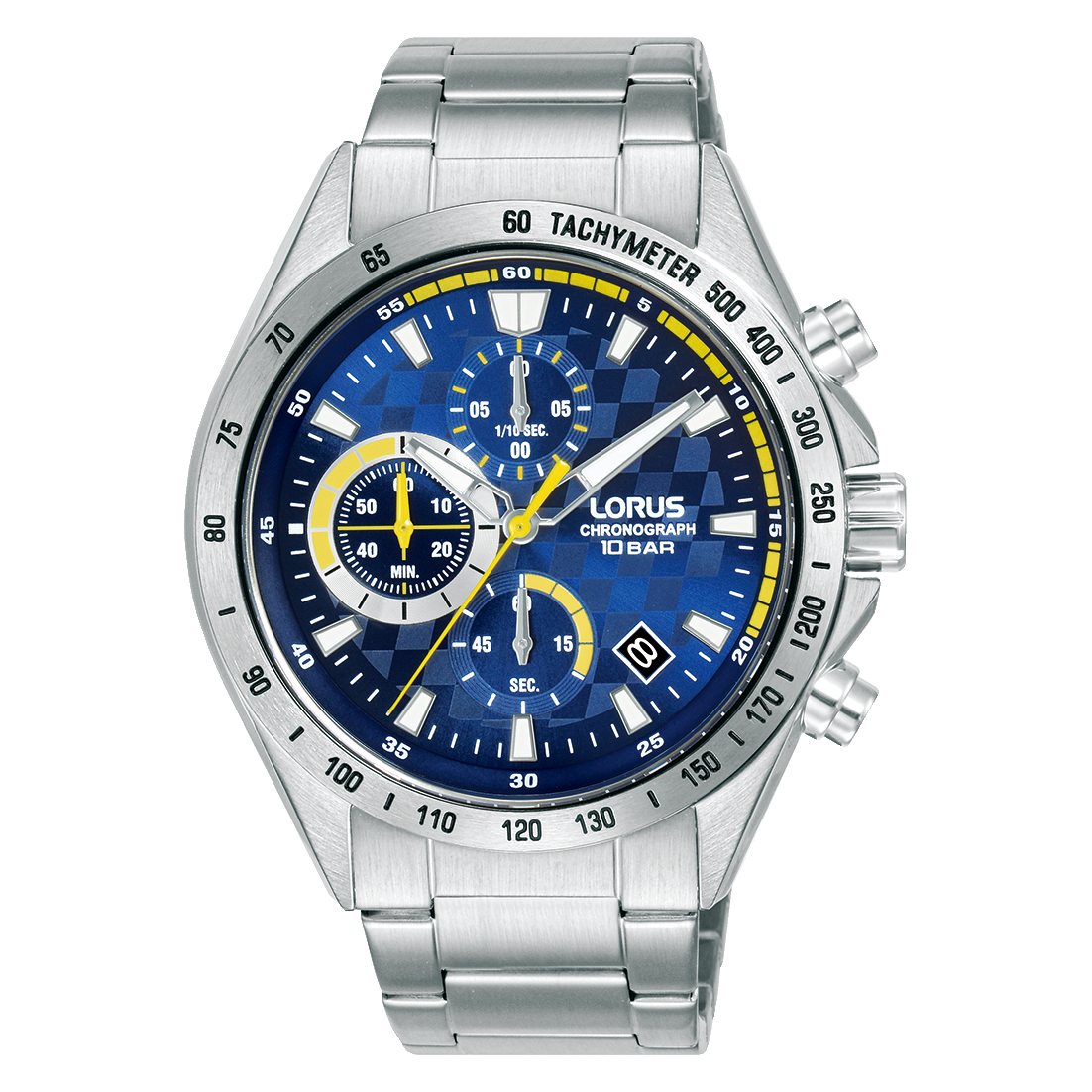 Lorus Herren-Chronograph-Armbanduhr mit blauem Zifferblatt, Mineralglas und Stahlband