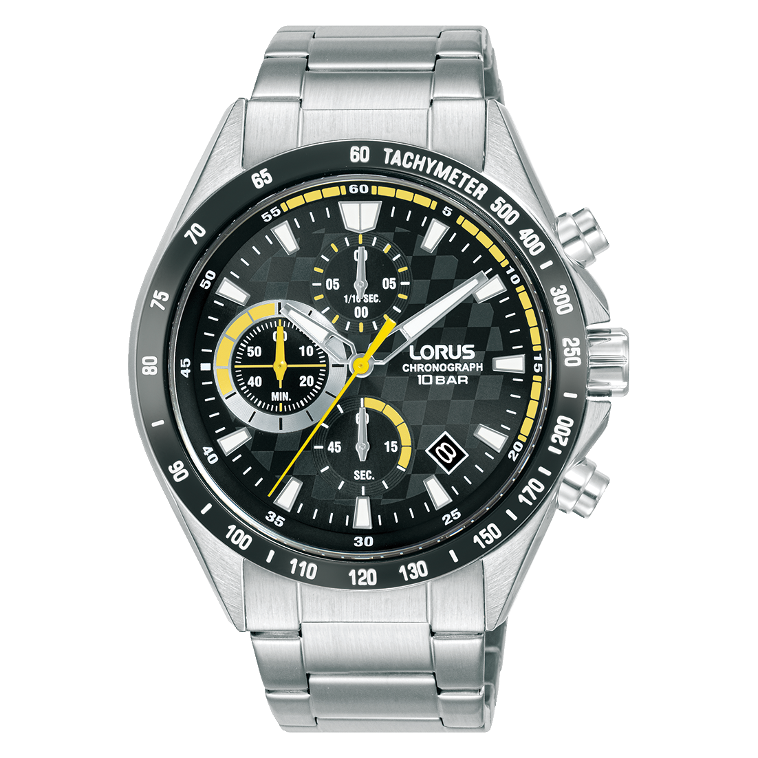 Herrenchronograph Lorus mit schwarzem Zifferblatt und Tachymeterskala, Edelstahlband