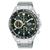 Herrenchronograph Lorus mit schwarzem Zifferblatt und Tachymeterskala, Edelstahlband
