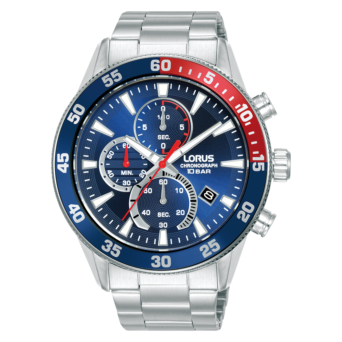 Herren-Chronograph-Armbanduhr mit blauem Zifferblatt und silbernem Edelstahlarmband