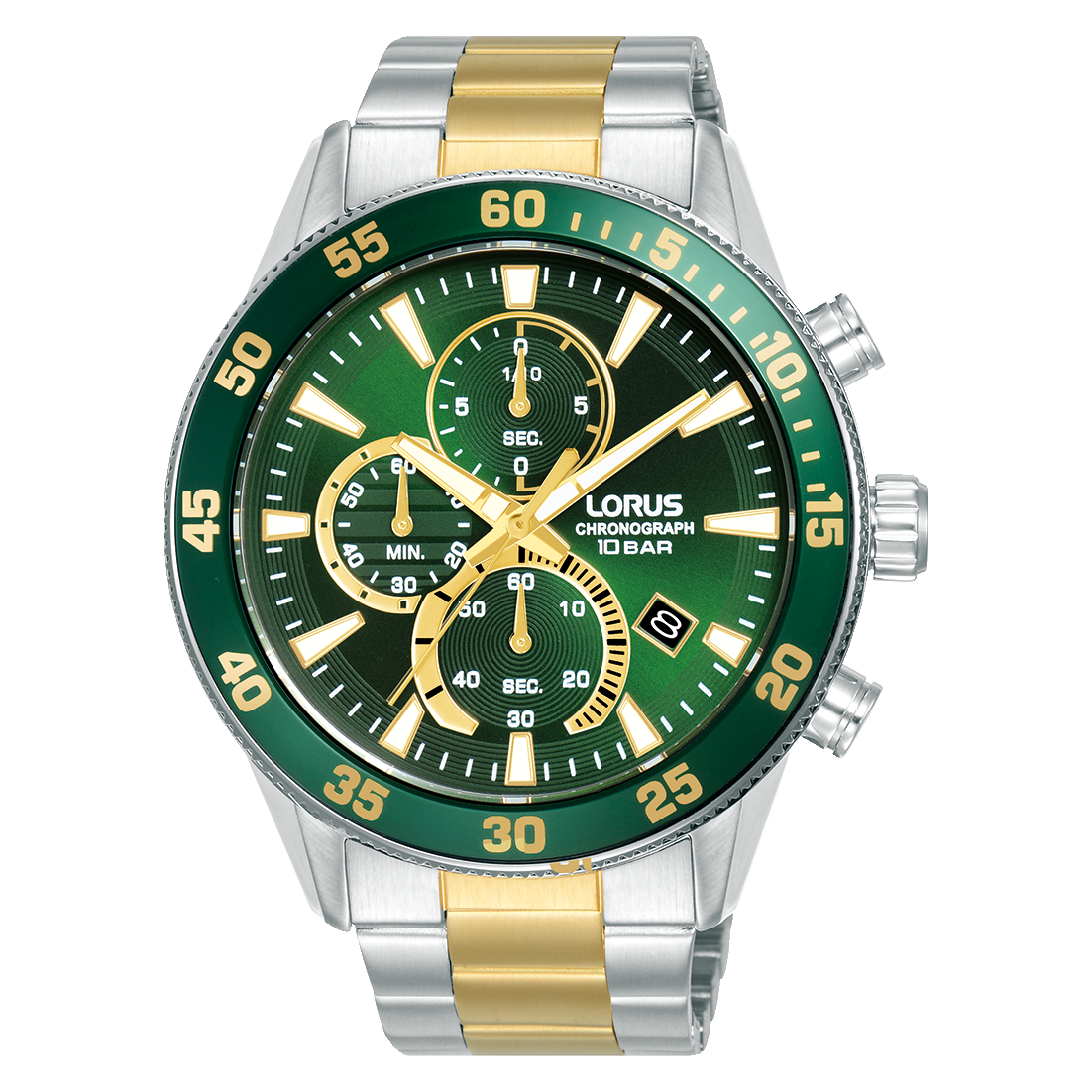 Herren-Chronograph-Armbanduhr mit dunklem grünem Zifferblatt und zweifarbigem Metallband