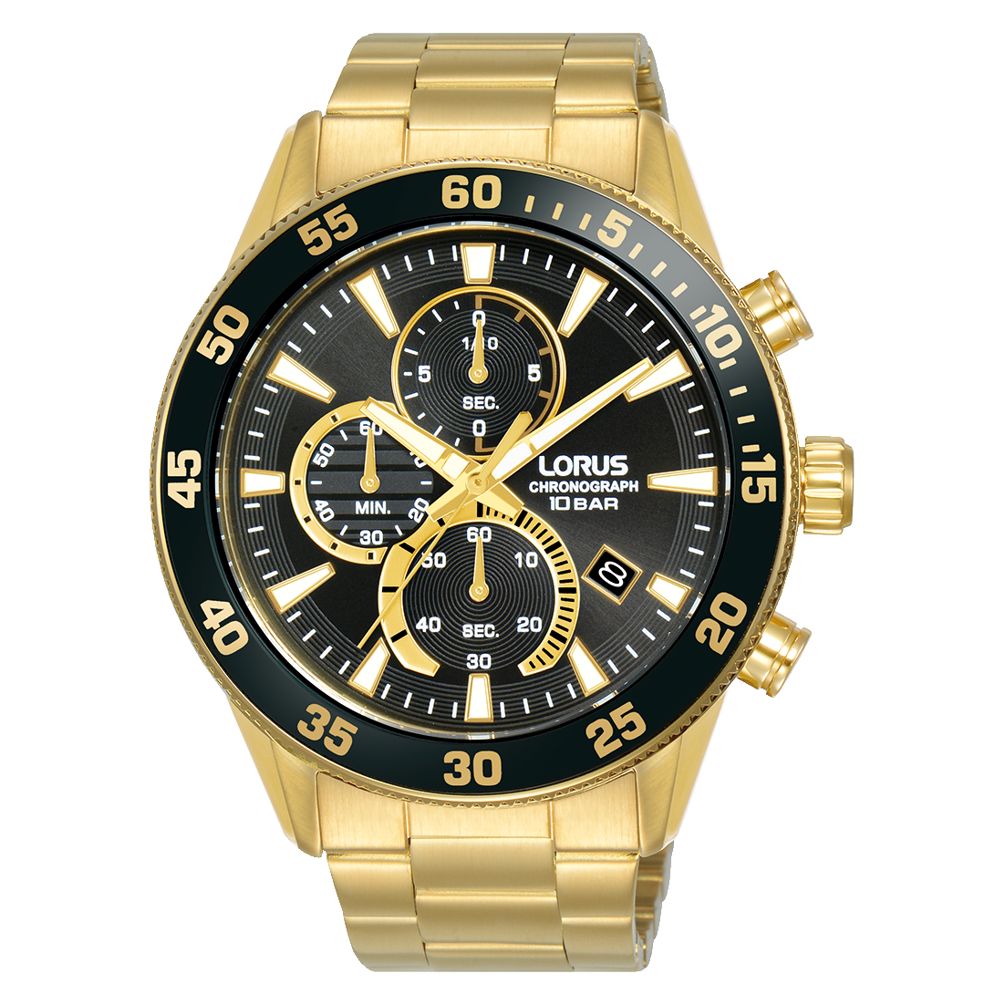 Herren-Armbanduhr mit Chronograph, goldfarbenem Edelstahlband und schwarzem Zifferblatt