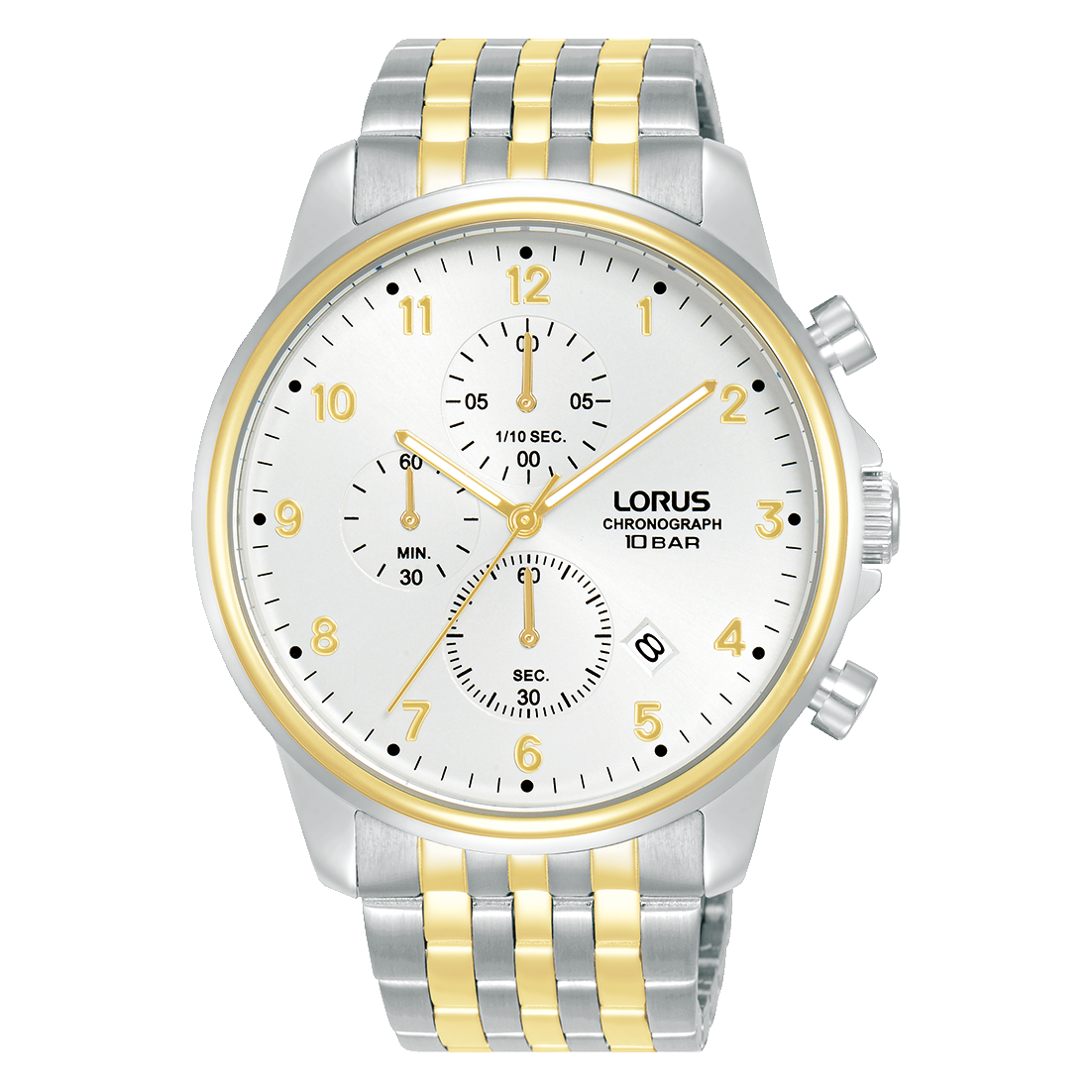 Lorus Herrenarmbanduhr mit Chronograph, weißem Zifferblatt und zweifarbigem Metallband