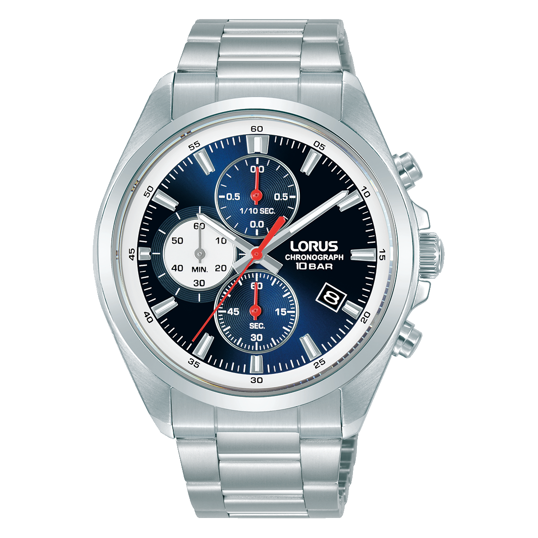 Herren-Armbanduhr Lorus Sport: silbernes Edelstahlband, blaues Chronograph-Zifferblatt