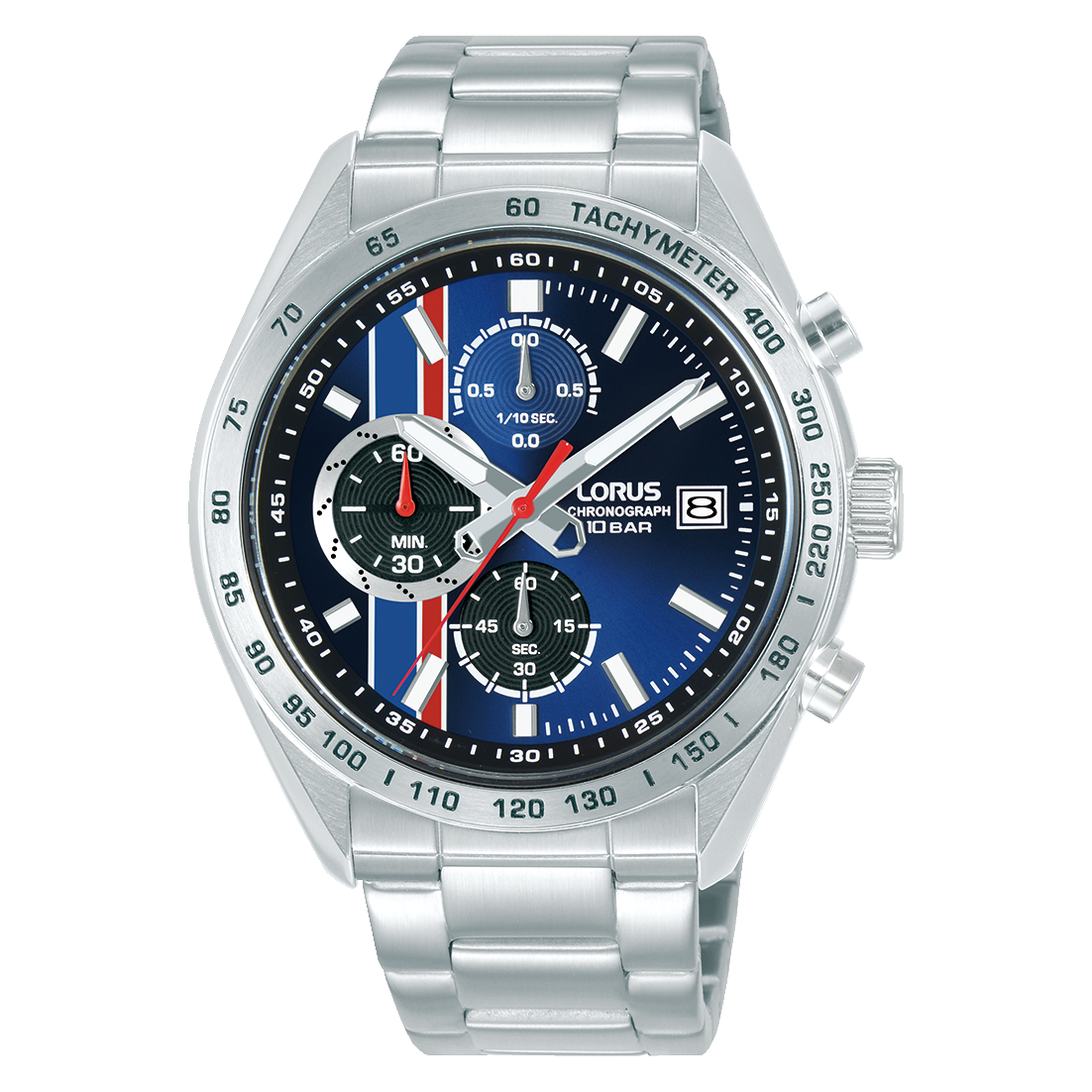 Herren-Chronograph mit dunkelblauem Zifferblatt und Tachymeter, Edelstahlarmband