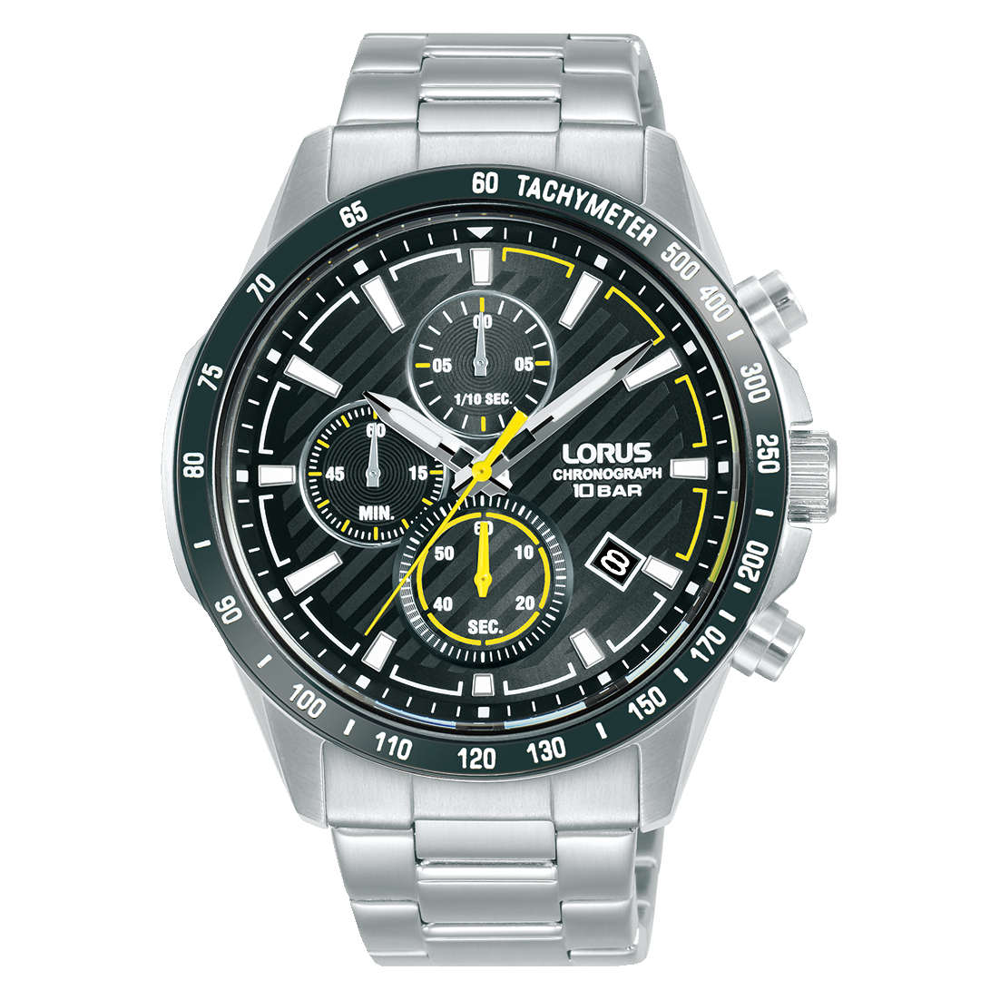 Lorus Sports Herrenuhr mit Chronograph, schwarzem Zifferblatt und Tachymeter, Edelstahlband