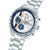 Silberne Chronographen-Armbanduhr mit blauem Zifferblatt, orange Akzenten und Metallband