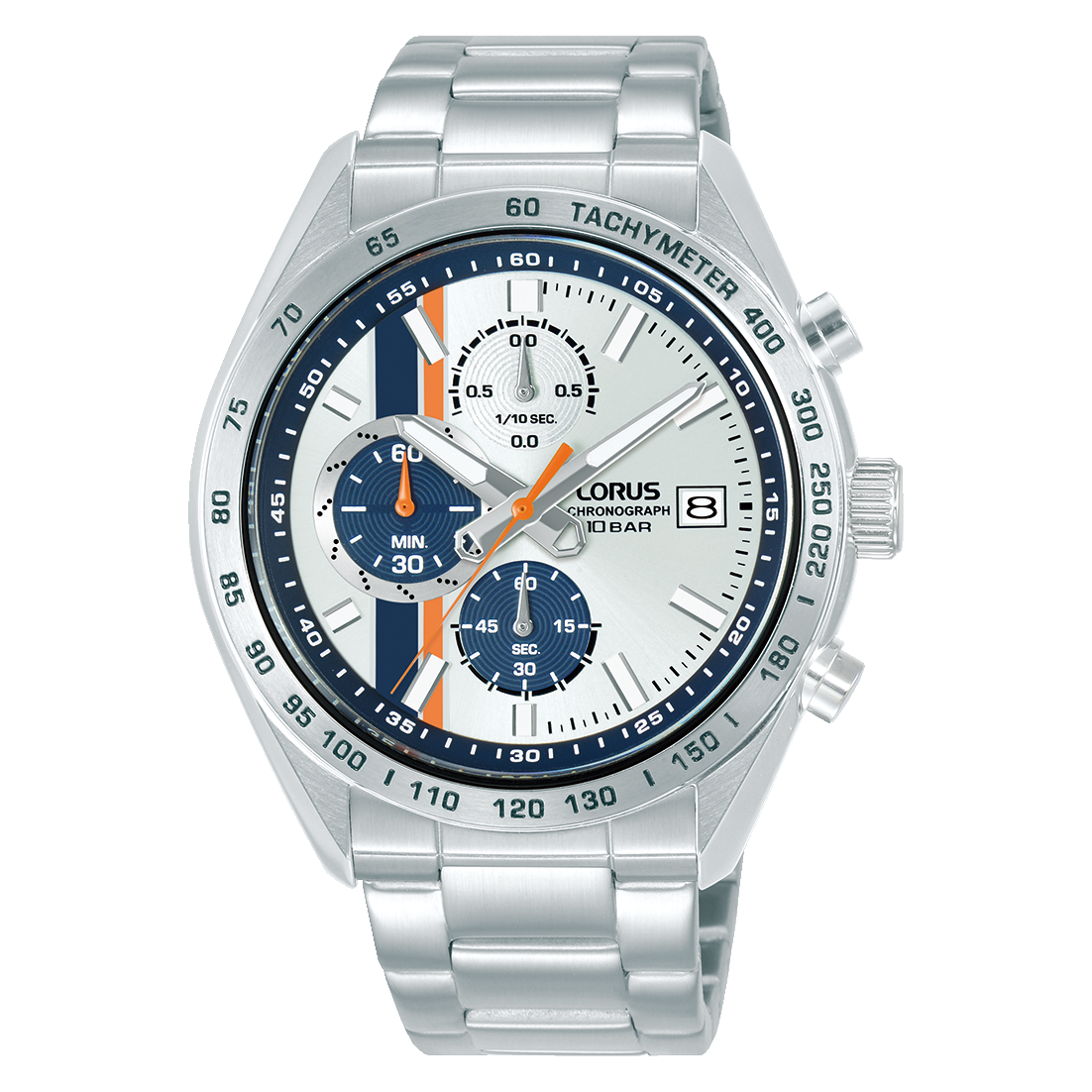 Silberne Herren-Armbanduhr mit Chronograph, blau-orangen Zifferblattanzeigen und Metallarmband