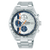 Silberne Herren-Armbanduhr mit Chronograph, blau-orangen Zifferblattanzeigen und Metallarmband