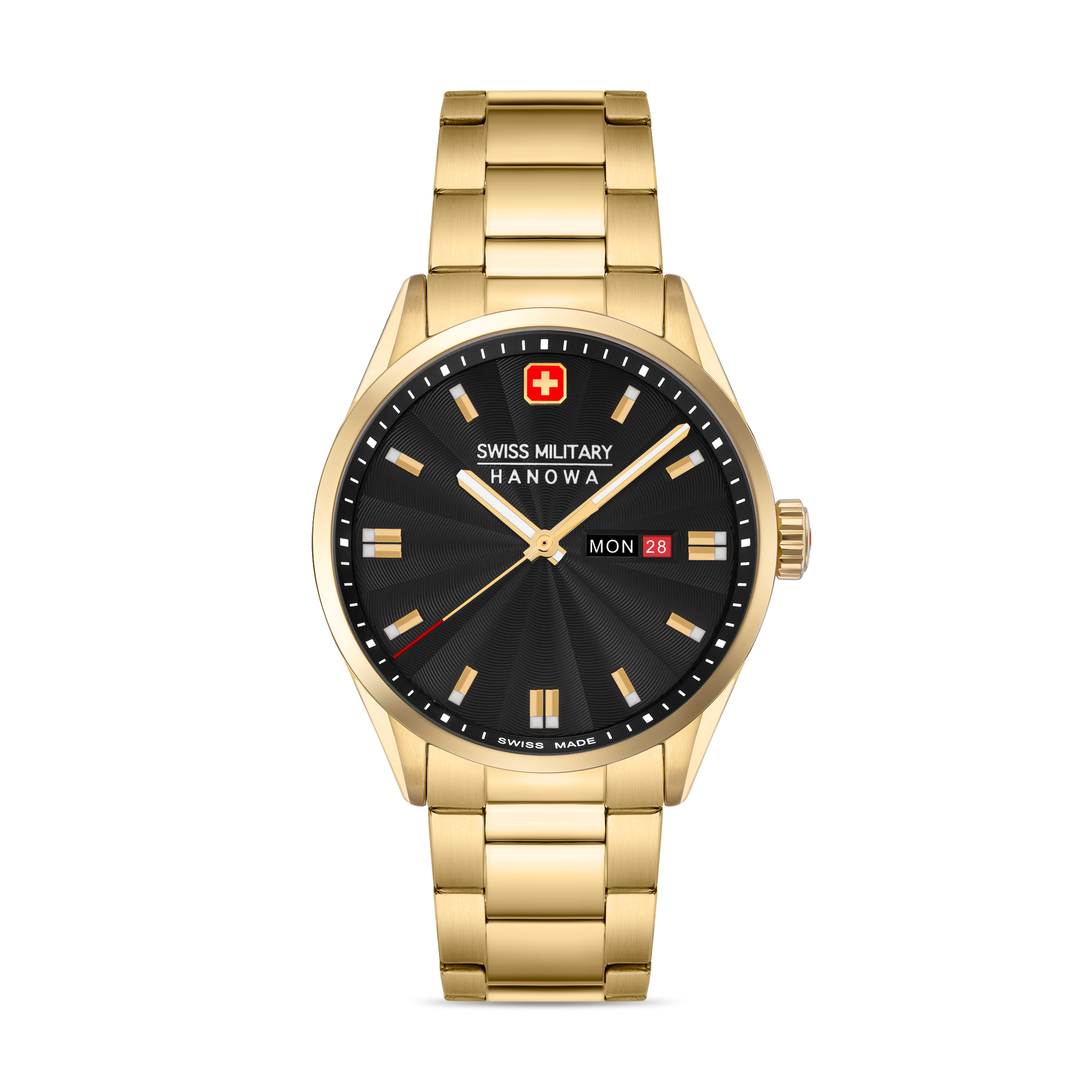 Herrenarmbanduhr Swiss Military Hanowa mit goldenem Metallband und schwarzem Zifferblatt