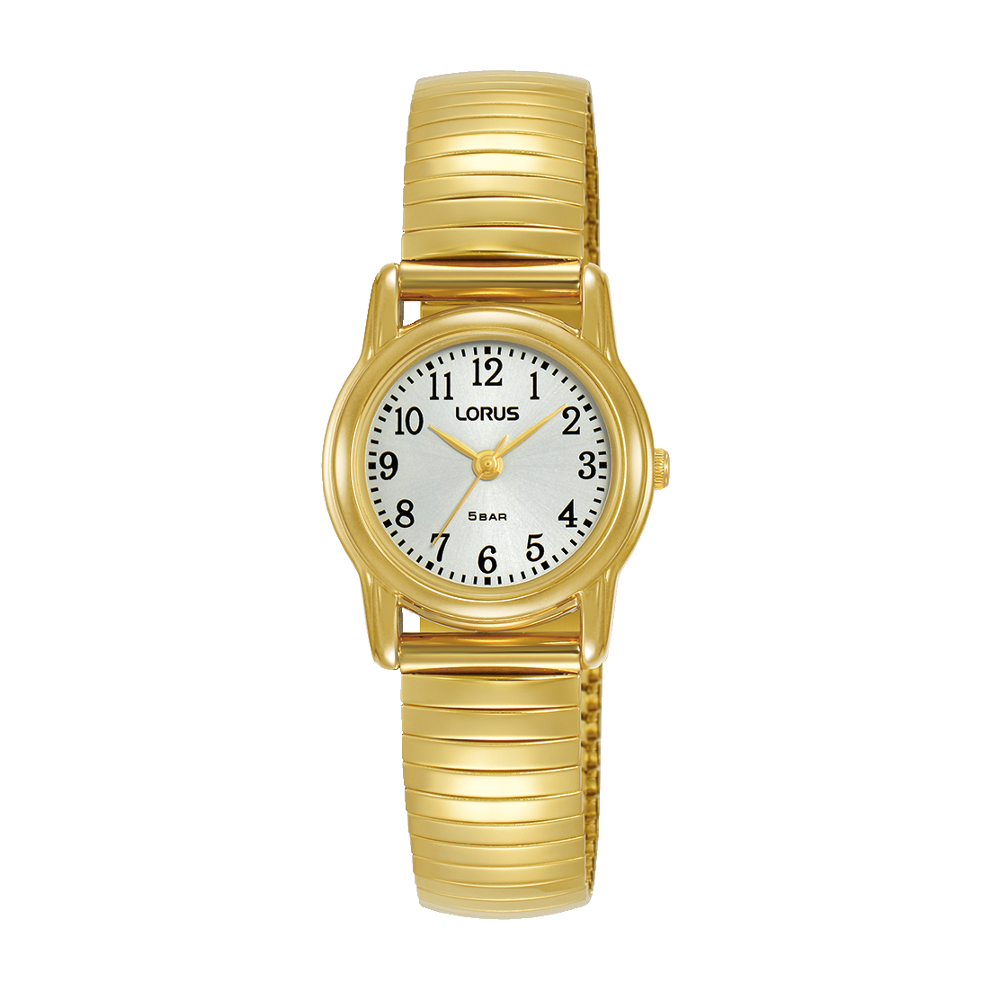 Damenuhr mit goldfarbenem Metallarmband, rundem Gehäuse und dunklem Zifferblatt mit Lorus-Logo