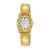 Damenuhr mit goldfarbenem Metallarmband, rundem Gehäuse und dunklem Zifferblatt mit Lorus-Logo