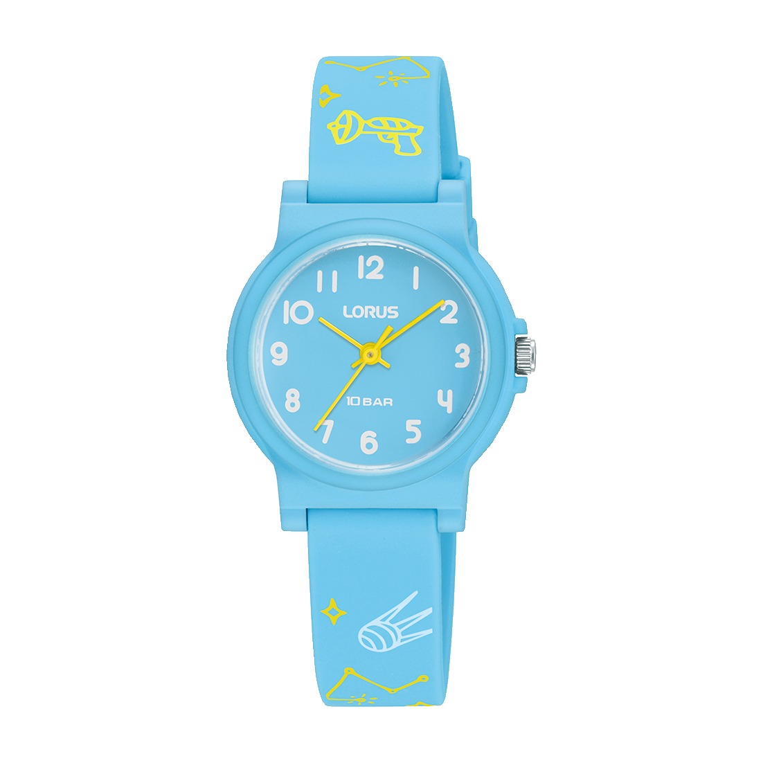 Kinderarmbanduhr Lorus blau, rundes Zifferblatt mit gelben Zeigern, Band mit bunten Motiven