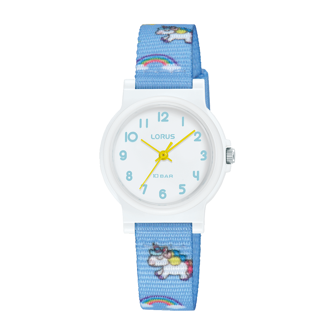 Lorus Kinderuhr, hellblaues Stoffarmband mit Cartoon-Motiv, rundes weiß-blaues Zifferblatt