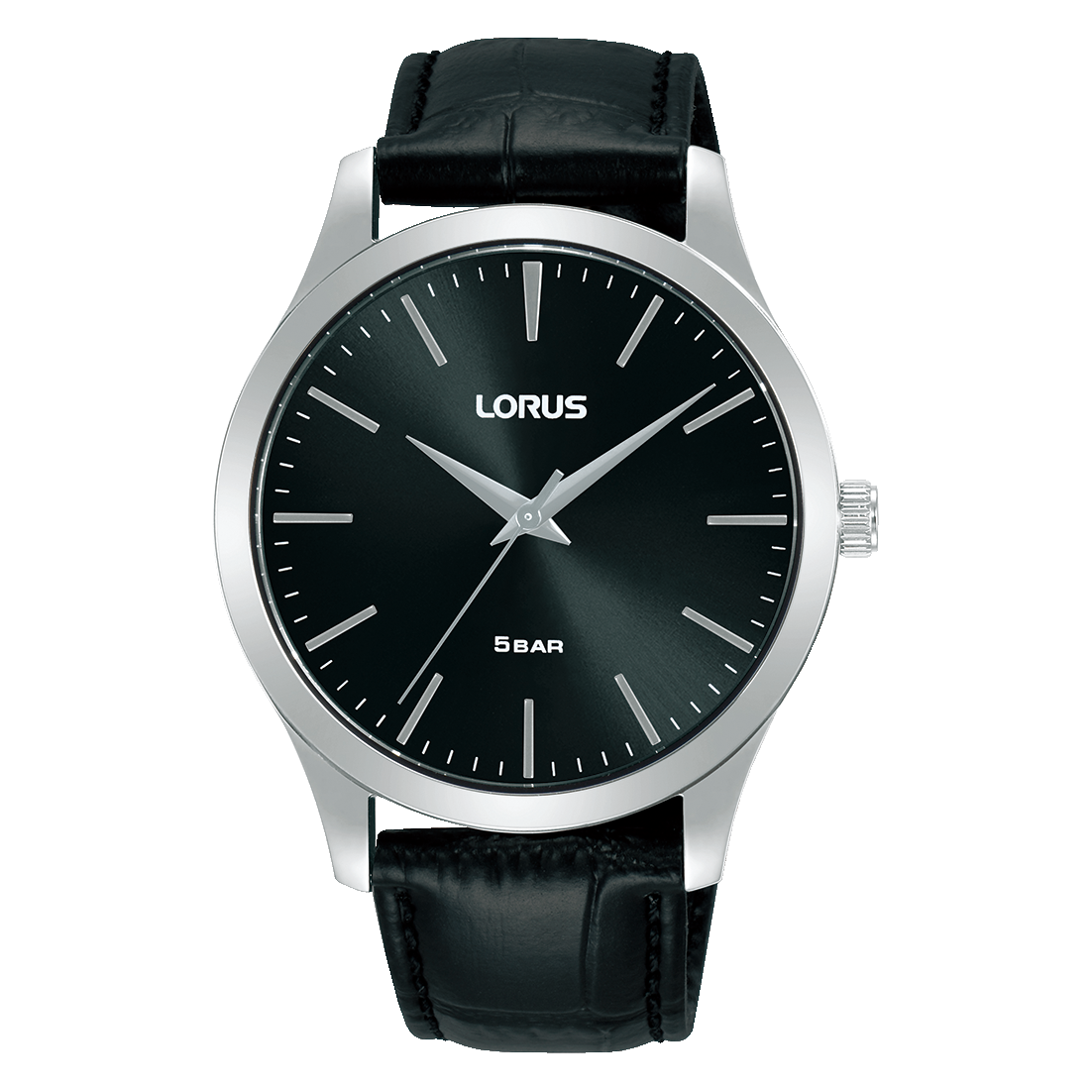 Lorus Herrenarmbanduhr: schwarzes Lederarmband, schwarzes Zifferblatt, Mineralglas