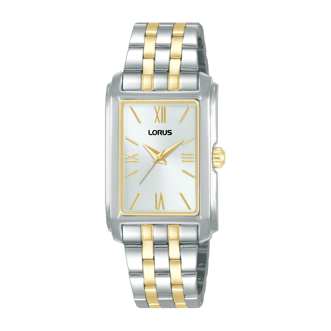 Damenarmbanduhr Lorus: rechteckiges Zifferblatt, goldene Zeiger, zweifarbiges Edelstahlband