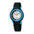 Kinderarmbanduhr mit schwarzem Silikonband und blauem Zifferblatt, rundes Gehäuse.