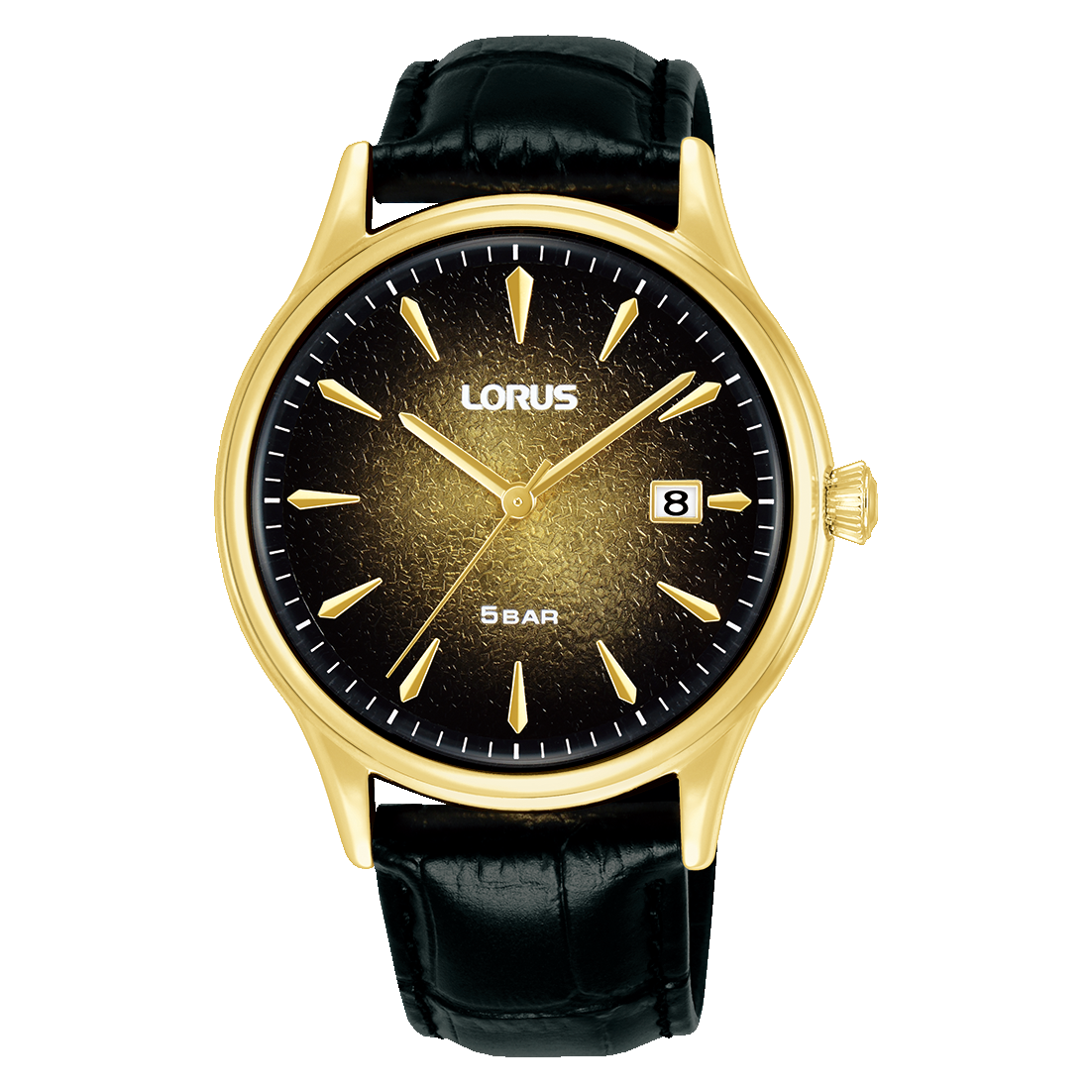 Lorus Herrenuhr mit schwarzem Lederarmband, goldfarbenem Gehäuse, schwarzem Zifferblatt, Datum 8
