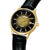 Lorus Herrenuhr mit schwarzem Lederarmband, goldfarbenem Gehäuse, Krone rechts, schwarzem Zifferblatt