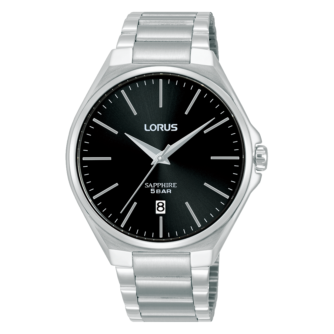 Lorus Herrenuhr mit schwarzem Zifferblatt, Saphirglas und Edelstahlarmband