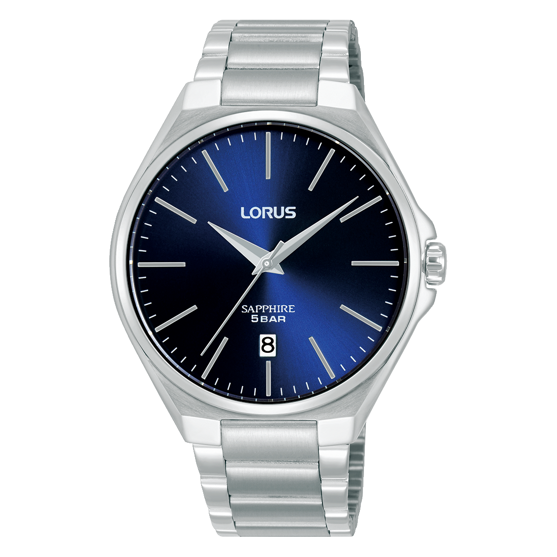 Lorus Herrenarmbanduhr mit dunkelblauem Zifferblatt und Edelstahlarmband, Saphirglas