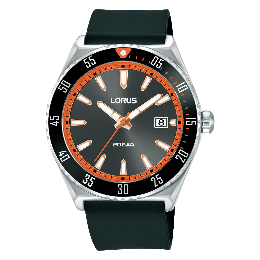 Lorus Sport Herrenarmbanduhr mit schwarzem Silikonband, Mineralglas, rundem Gehäuse.