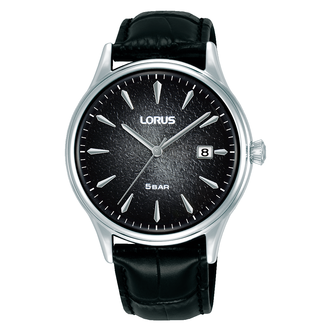 Lorus Herrenuhr mit schwarzem Lederarmband und schwarzem Zifferblatt, Mineralglas