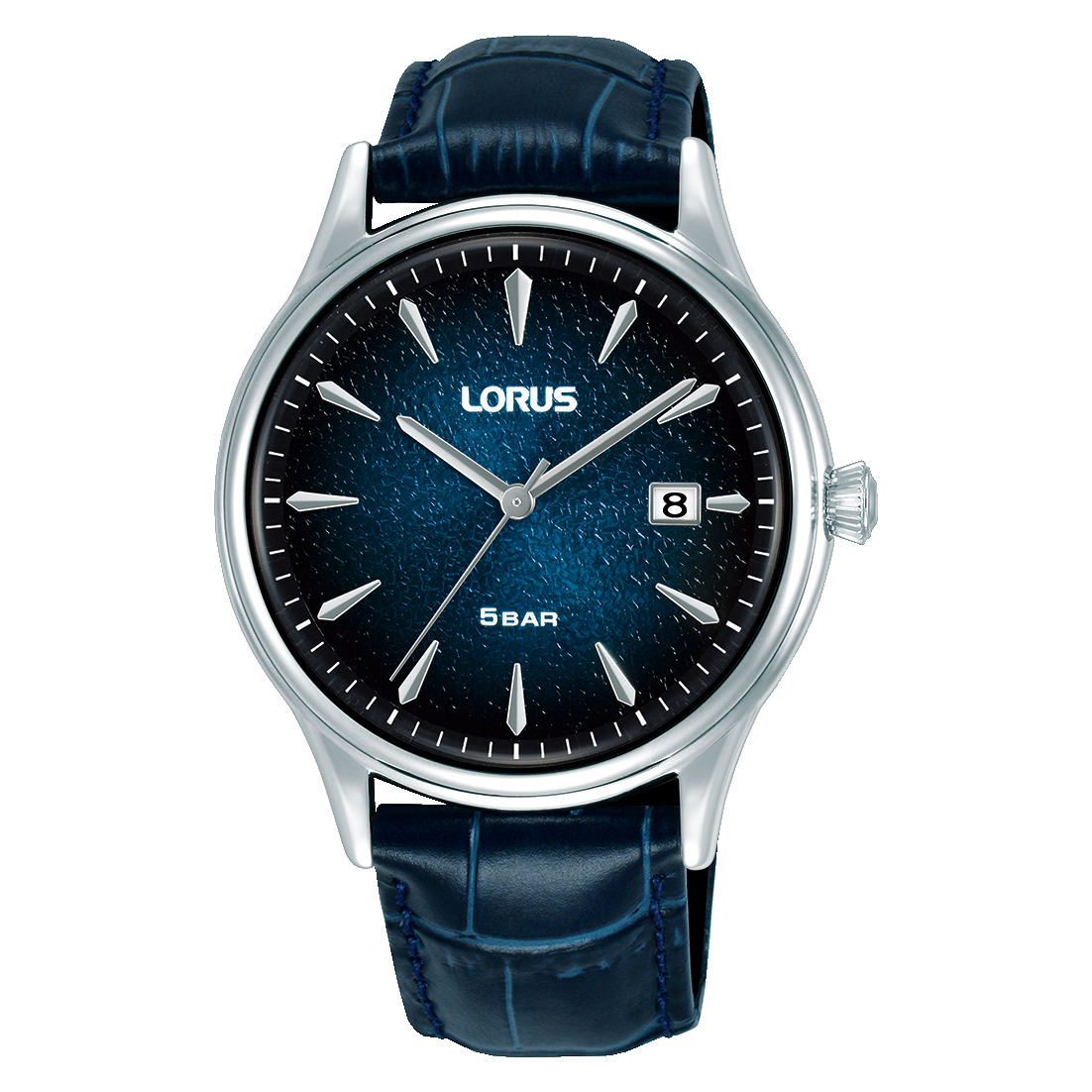 Herrenuhr mit dunkelblauem Zifferblatt, silbernem Gehäuse und blauem Lederarmband