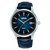 Herrenuhr mit dunkelblauem Zifferblatt, silbernem Gehäuse und blauem Lederarmband