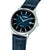 Herrenuhr mit dunkelblauem Zifferblatt, Indexen, „5 BAR“ und blauem Lederarmband