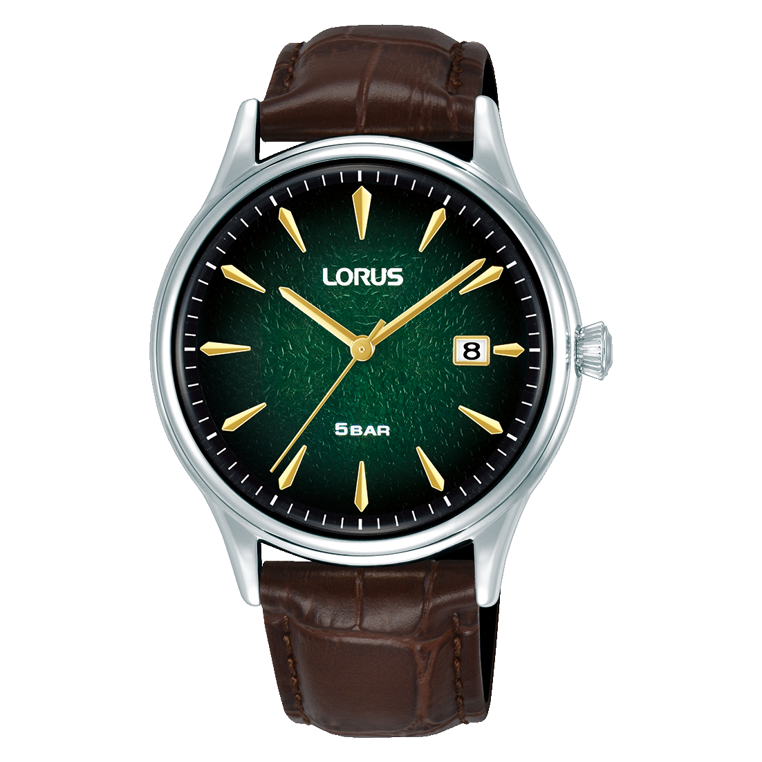 Lorus Classic Herrenuhr: dunkelgrünes Zifferblatt, braunes Lederarmband, Edelstahlgehäuse
