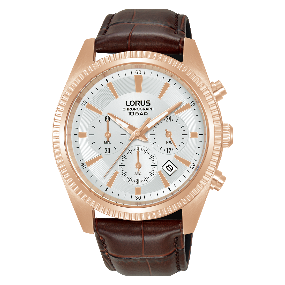 Herren-Chronograph-Armbanduhr mit weißem Zifferblatt und dunkelbraunem Lederband, Roségoldgehäuse