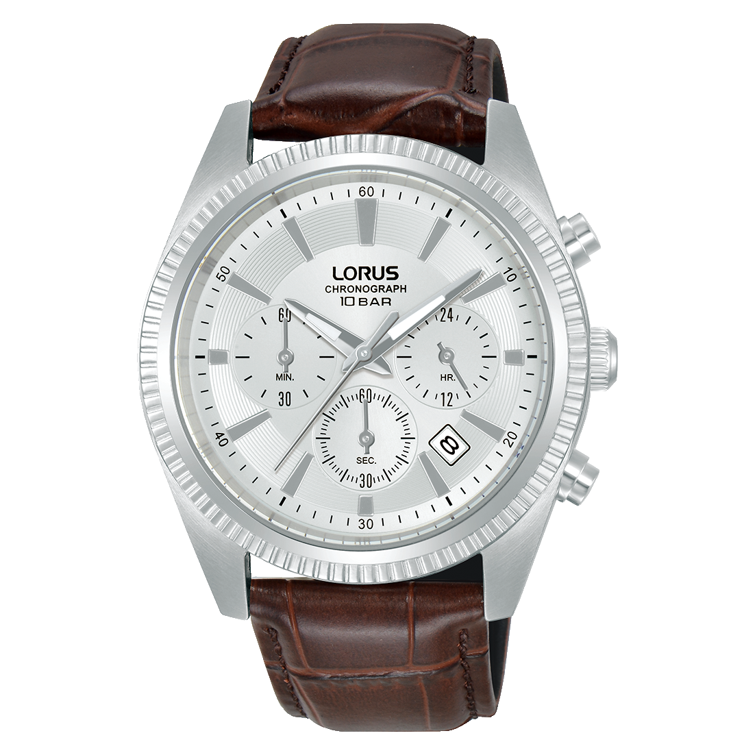 Lorus Chronograph: Herrenuhr mit weißem Zifferblatt, braunem Lederband
