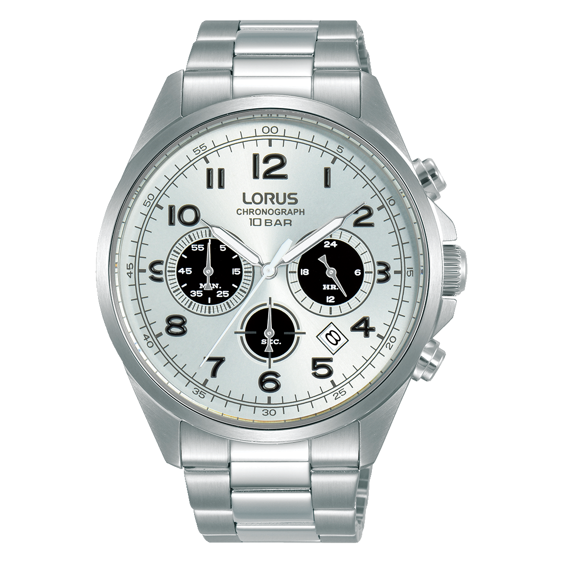Herren-Chronograph-Armbanduhr mit silbernem Metallarmband, weißem Zifferblatt und Mineralglas